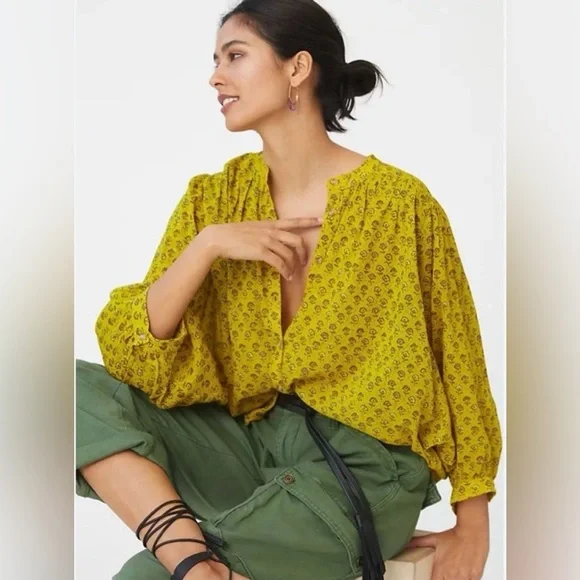 Anthropologie Pilcro The Sidney Batwing Yellow Green Floral Print Blouse Shirt - Picture 1 of 16